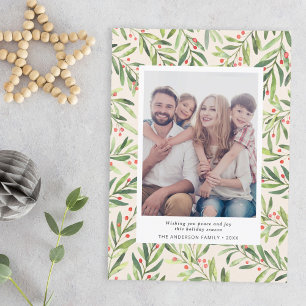 Modern Berry Greenery Christmas Photo Cream Holiday Card