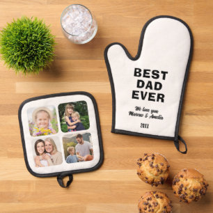 Modern Best Dad Ever 4 Photo Collage Father's Day  Oven Mitt & Pot Holder Set
