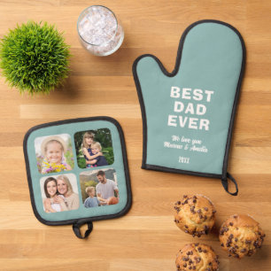Modern Best Dad Ever 4 Photo Collage Father's Day  Oven Mitt & Pot Holder Set