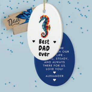 Modern Best Dad Ever Blue Seahorse Father's Day Ceramic Ornament