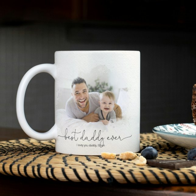 Modern Best Daddy Ever Script Quote Names Year Coffee Mug (Easily personalize this 2 photo Best Daddy Ever design with your message & images for a unique gift)