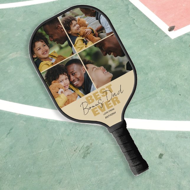 Modern Best Ever Bonus Dad | Photo Collage Pickleball Paddle (Creator Uploaded)