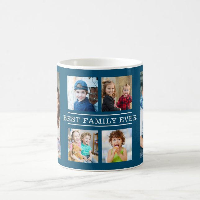 Modern Best Family Ever 6 Photo Collage Blue Coffee Mug (Center)