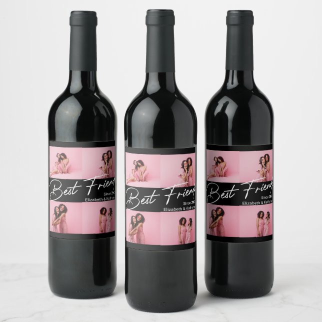 Modern Best Friends 4 Photo Collage Gift Wine Label (Bottles)