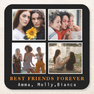 Modern Best Friends Forever Photo Collage Bestie Square Paper Coaster