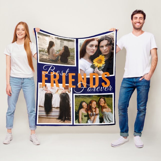 Modern BEST FRIENDS FOREVER Photo Collage Blue Fleece Blanket (In Situ)