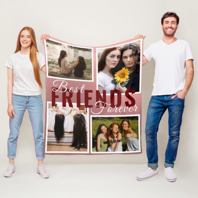 Modern BEST FRIENDS FOREVER Photo Collage Pink Fleece Blanket (In Situ)