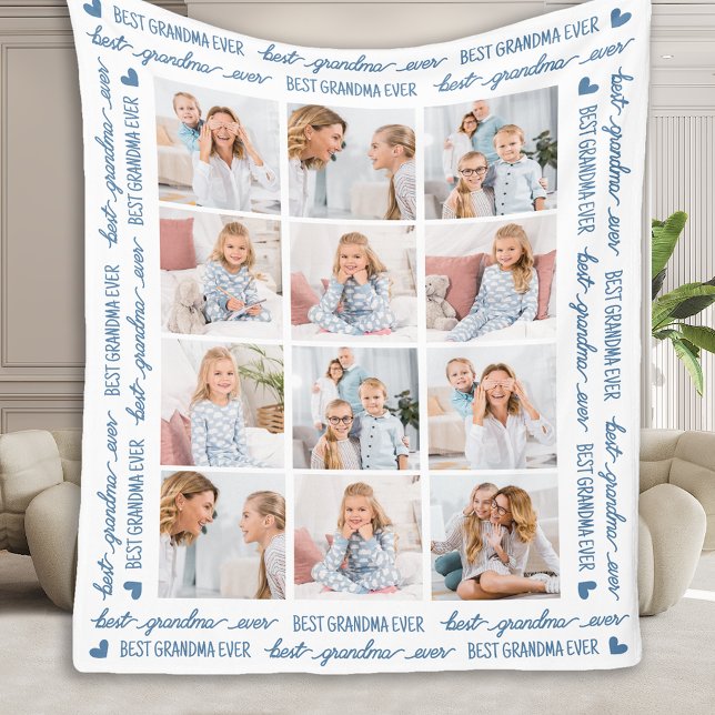 Modern Best GRANDMA Ever Custom 12 Photo Collage Fleece Blanket (Creator Uploaded)