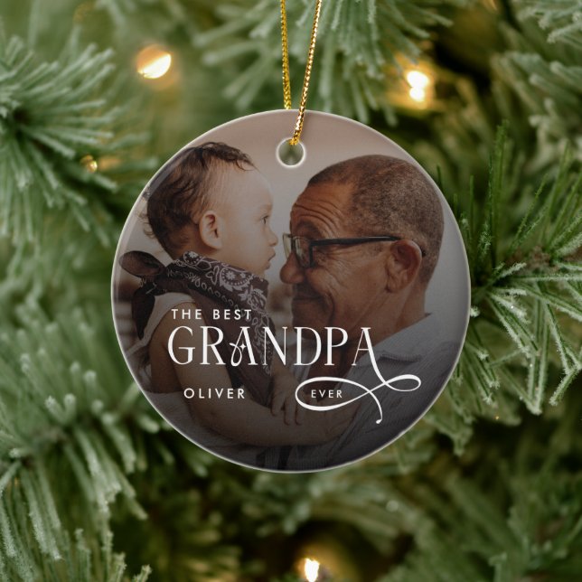 Modern Best GrandPa Ever Photo Personalized Ceramic Ornament (Tree)