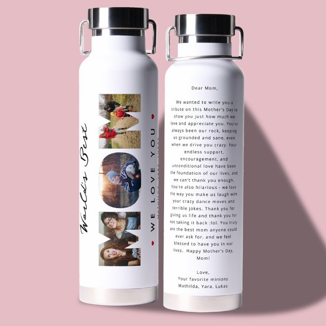 Modern Best Mum 3 Photo Collage Hilarious Letter Water Bottle (Creator Uploaded)