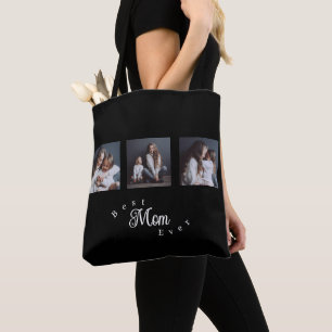 Modern Best Mum Ever Elegant Script Black 3 Photo Tote Bag