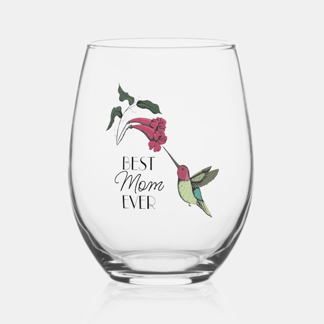Modern Best Mum Ever Hummingbird Stemless Wine Glass (Front)