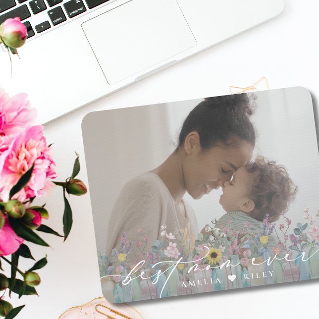 Modern Best Mum Ever Script Elegant Flowers Photo Mouse Pad (Creator Uploaded)