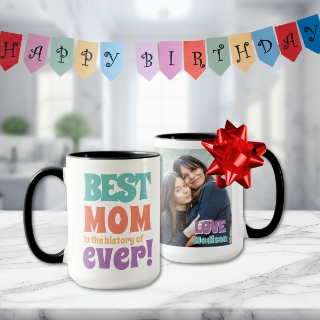 Modern Best Mum Photo Kids Name Custom Gift Mug (best mom ever mug with photo and kids signature with fun colorful modern typography for Mother's Day)