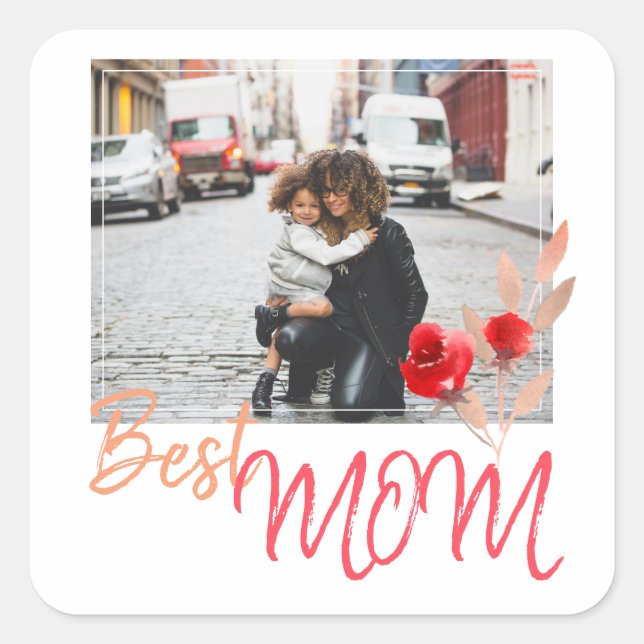 Modern Best Mum Photo Watercolor Rose  Square Sticker (Front)