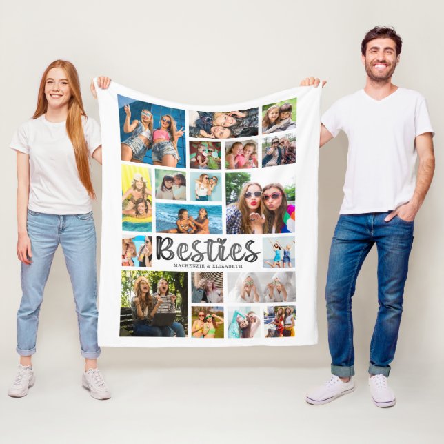 Modern BESTIES 19 Photo Collage White Grey Fleece Blanket (In Situ)