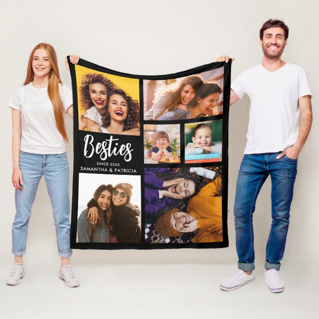 Modern Besties 6 Photo Collage Best Friend Black   Fleece Blanket (In Situ)