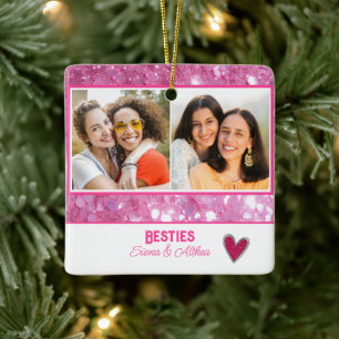 Modern Besties Best Friend Pink Glitter 2 photo Ceramic Ornament