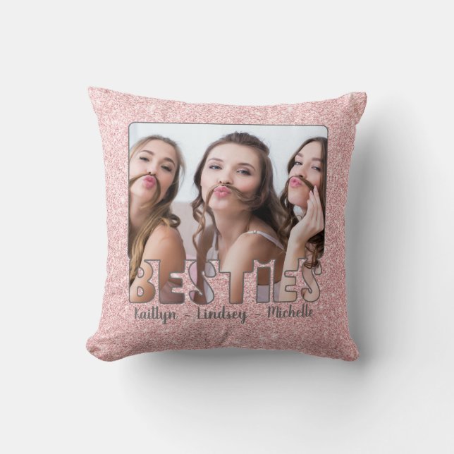 Modern BESTIES Rose Gold Glitter Photo Word Cushion (Front)