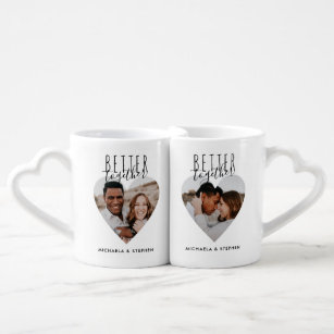 Modern Better Together Heart Photo & Names Couple Coffee Mug Set