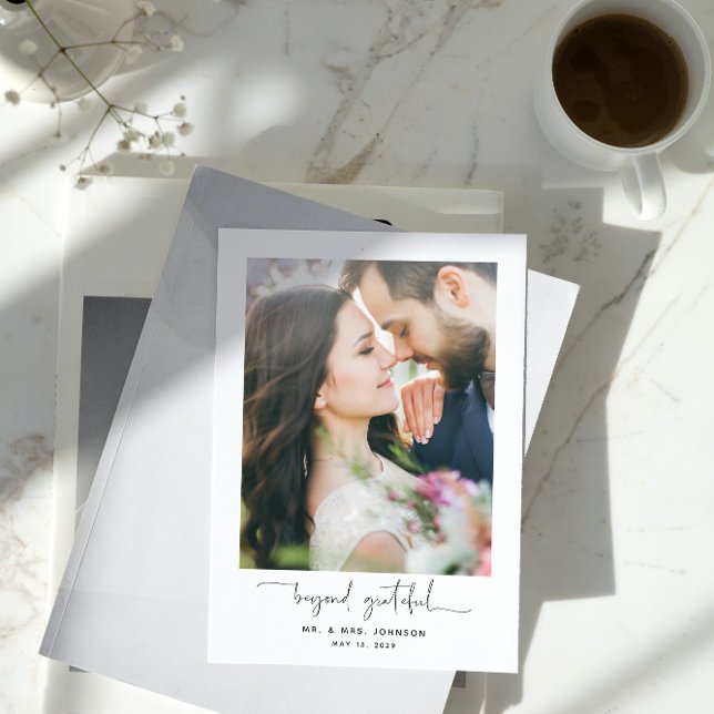 Modern Beyond Grateful Script 2 Photo Wedding Thank You Card (Grateful for the love and joy you shared on our special day. )