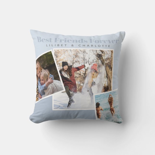 Modern BFF PHOTO COLLAGE Gift Personalised BLUE Cushion (Front)