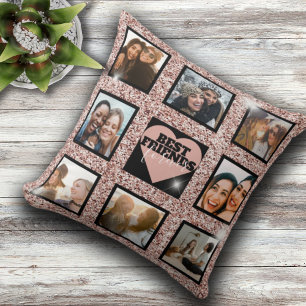 Modern BFF Photo Collage Rose Gold Glitter Heart Cushion
