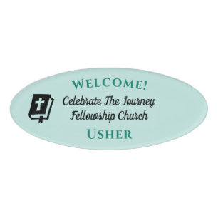 Modern Bible Christian Church Usher Welcome Blue Name Tag