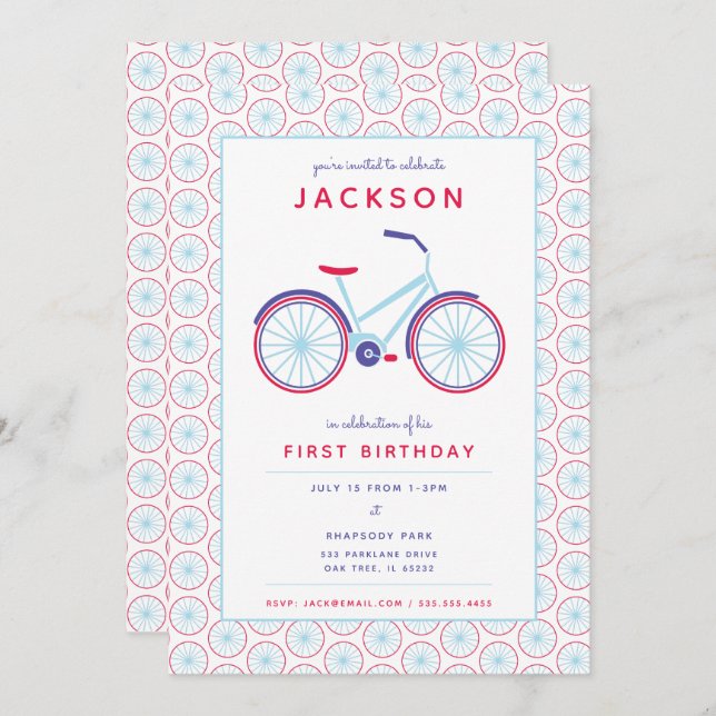 Modern Bicycle in Blue and Red Birthday Invitation (Front/Back)