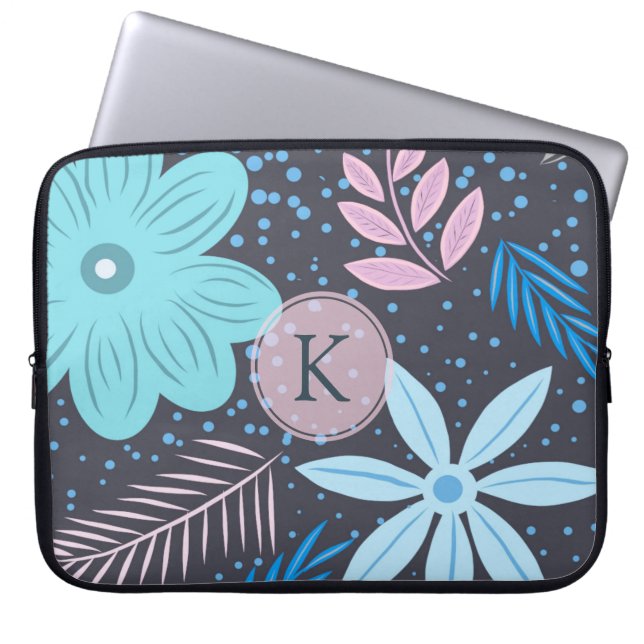 Modern Big Blue Flower Pattern Pink Monogram Laptop Sleeve (Front)