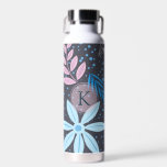 Modern Big Blue Flower Pattern Pink Monogram Water Bottle<br><div class="desc">Modern and pretty floral design with pink monogram.</div>