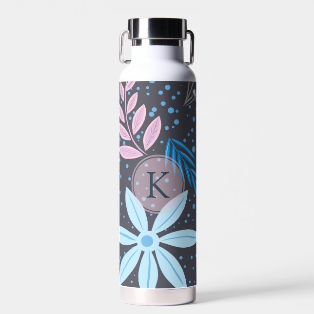 Modern Big Blue Flower Pattern Pink Monogram Water Bottle (Front)