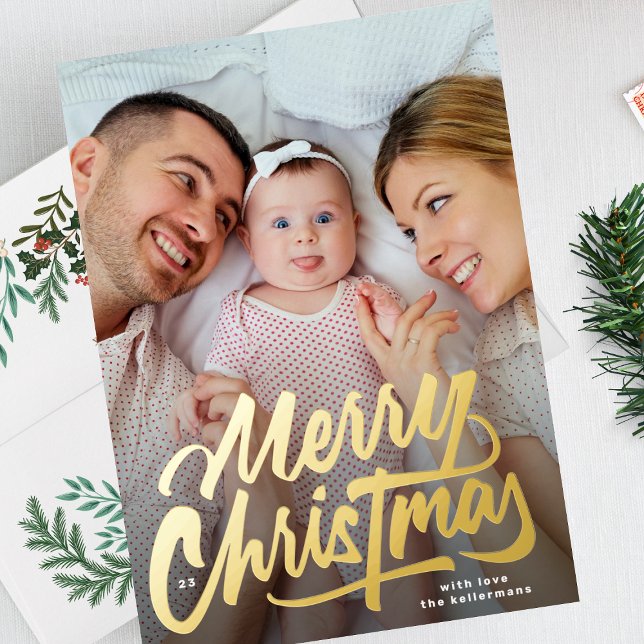 modern BIG GOLD SCRIPT Merry Christmas Foil Holiday Card (Creator Uploaded)