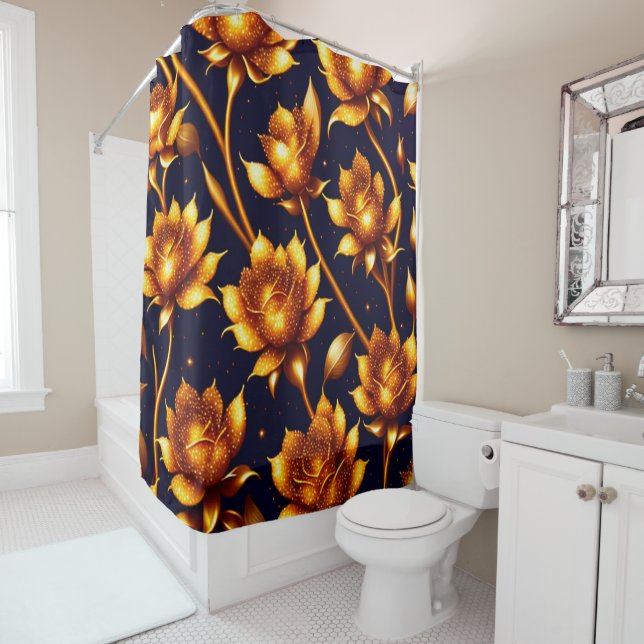 Modern Big Luxury Gold Rose Collection Shower Curtain (In Situ)