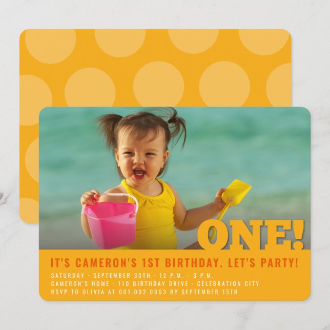 Modern Big ONE Fun Baby Girl or Boy First Birthday Invitation (Front/Back)