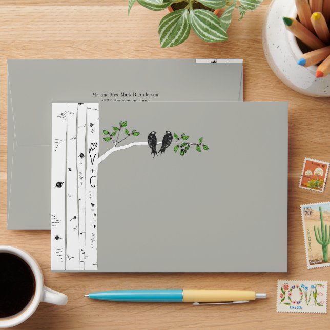 Modern Birch Tree Wedding Square Envelopes (Desk)