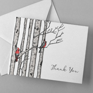 Modern Birch Trees and Red Birds Thank You Card