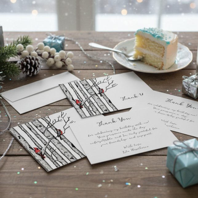 Modern Birch Trees and Red Birds Thank You Card (Elegant Red Cardinal Bird in Winter Birch Tree Forest Thank You Note Card for Christmas & Holidays)