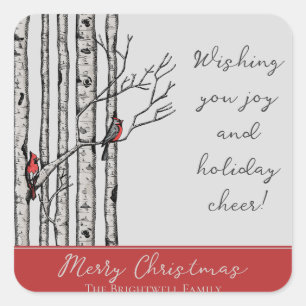 Modern Birch Trees and Red Cardinal Birds Square Sticker