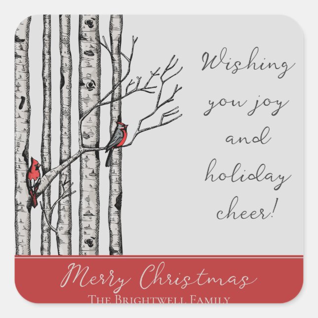 Modern Birch Trees and Red Cardinal Birds Square Sticker (Front)