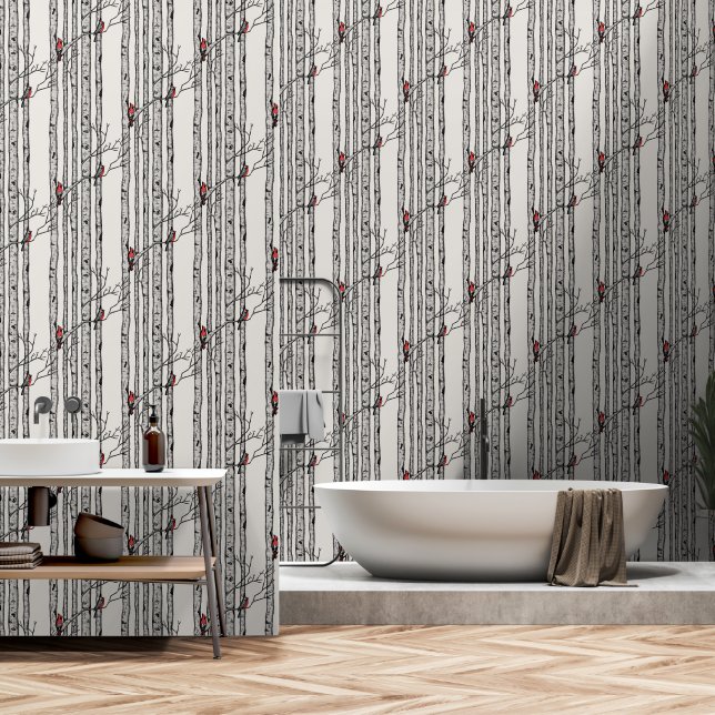 Modern Birch Trees and Red Cardinal Birds Wallpaper (Bathroom)