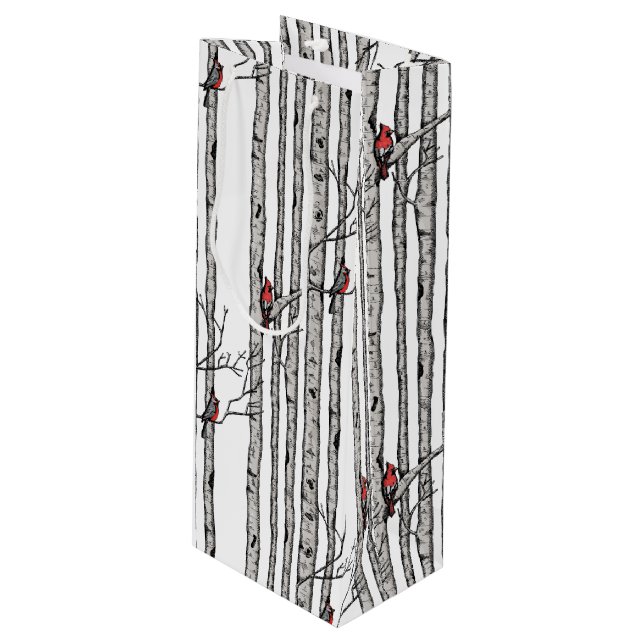 Modern Birch Trees and Red Cardinal Birds Wine Gift Bag (Front Angled)