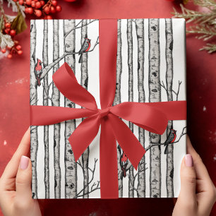 Modern Birch Trees and Red Cardinal Birds Wrapping Paper