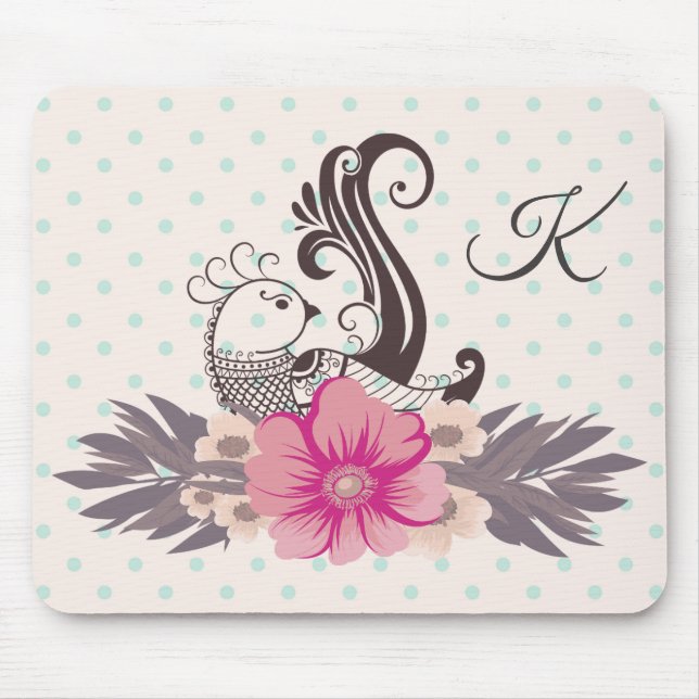 Modern Bird and Flora Dotty Monogrammed Mouse Pad (Front)