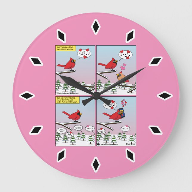 Modern Bird Mating Calls Comic Large Clock (Front)