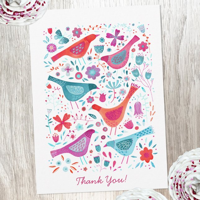 Modern Bird Watercolor Personalised Thank You (Modern watercolor birds and flowers thank you card with custom text)