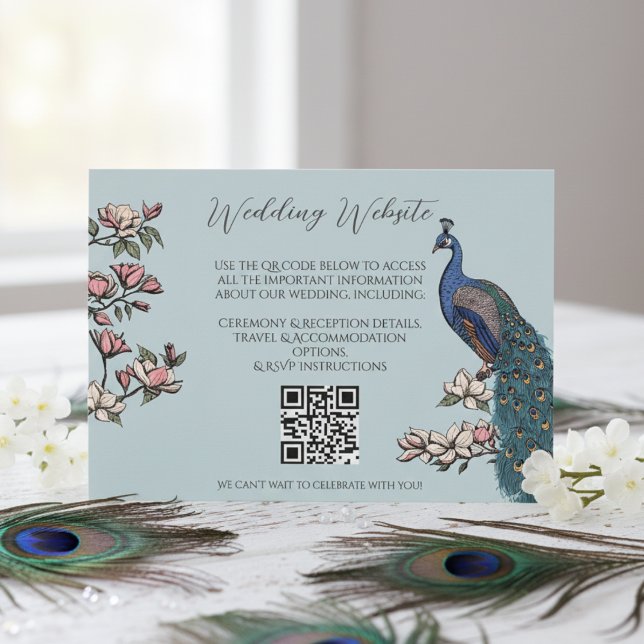 Modern Bird Website QR Code Enclosure Card (Chic Blue Floral Peacock Wedding Website Enclosure Cards. Elegant Bird, Magnolia Flowers, QR Code)