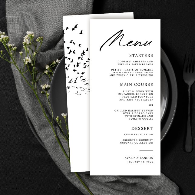Modern Birds of a Feather Black and White Wedding Menu (Creator Uploaded)