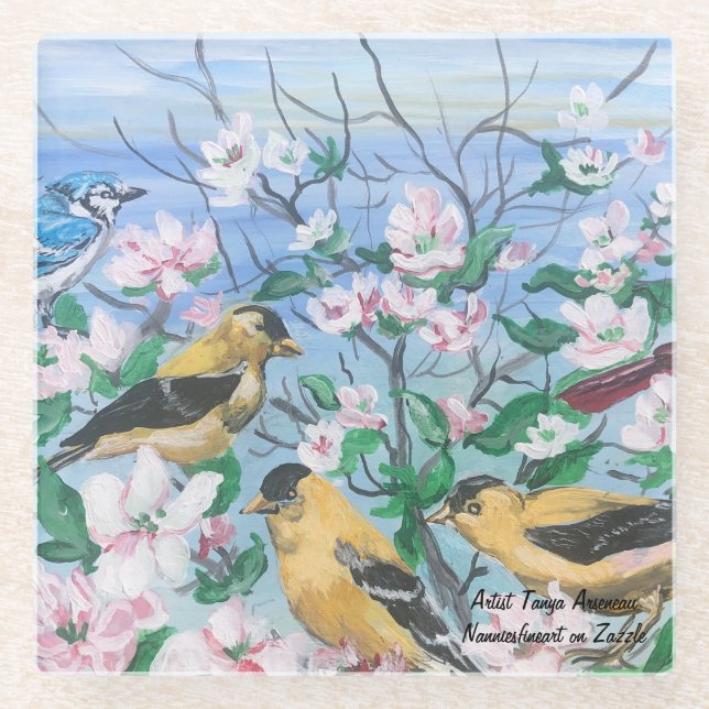 Modern Birds Yellow and Black Spring Time Glass Coaster (Front)