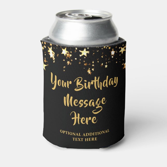 Modern Birthday Black Gold Stars Custom Text Can Cooler (Can Back)